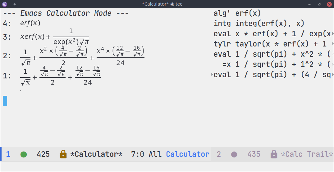 Demonstration of calc, prettified by calctex.